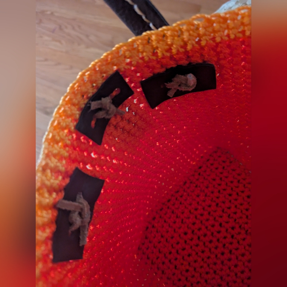 Handmade Crochet Bucket Bag Nylon Mason Line Bright Orange Brown Leather - Picture 7 of 16